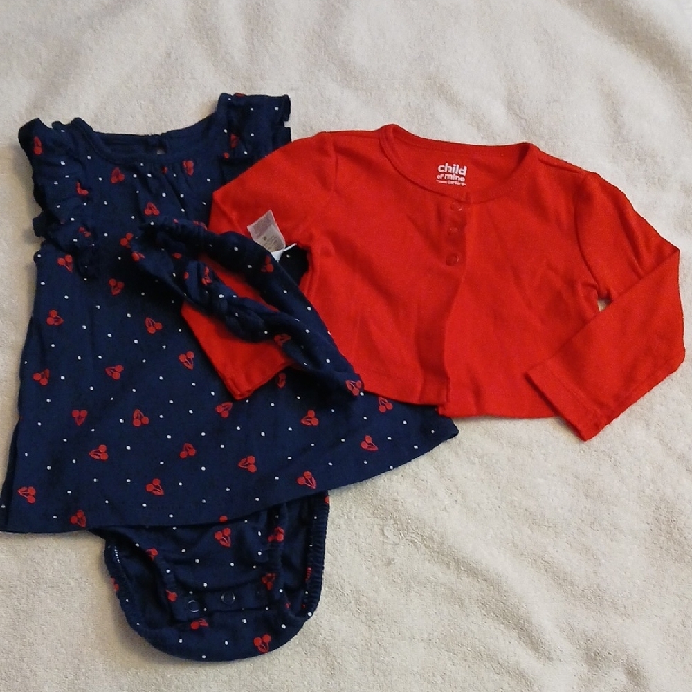 Child of Mine Red and Blue Baby Cherry Print 3pc 12mos Outfit
